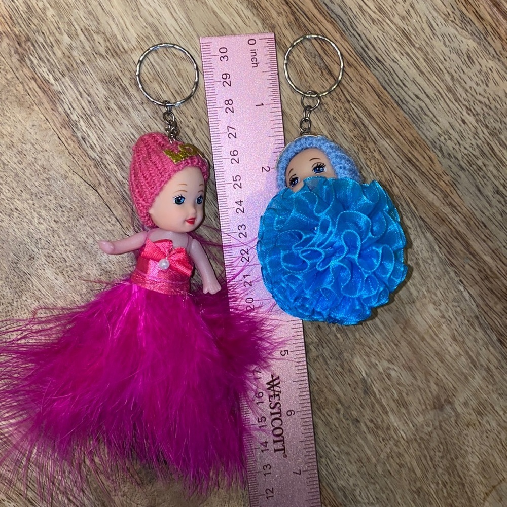 2 baby doll Christmas tree ornaments or keychains pink feather blue ribbon ball‌ - Picture 5 of 16